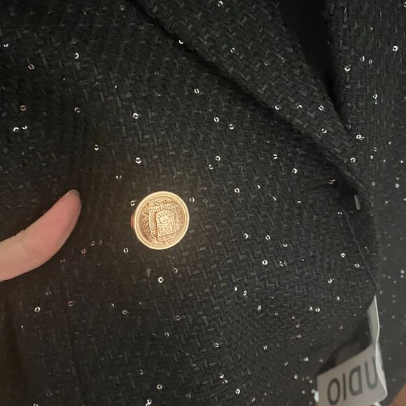 NWT Black Metallic Tweed Double Breasted Winter Blazer Jacket Coat - Picture 3 of 8